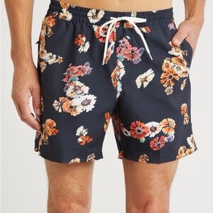 Vans Navy Floral Swim Trunks Relaxed Fit with Orange & White Blooms Size Small